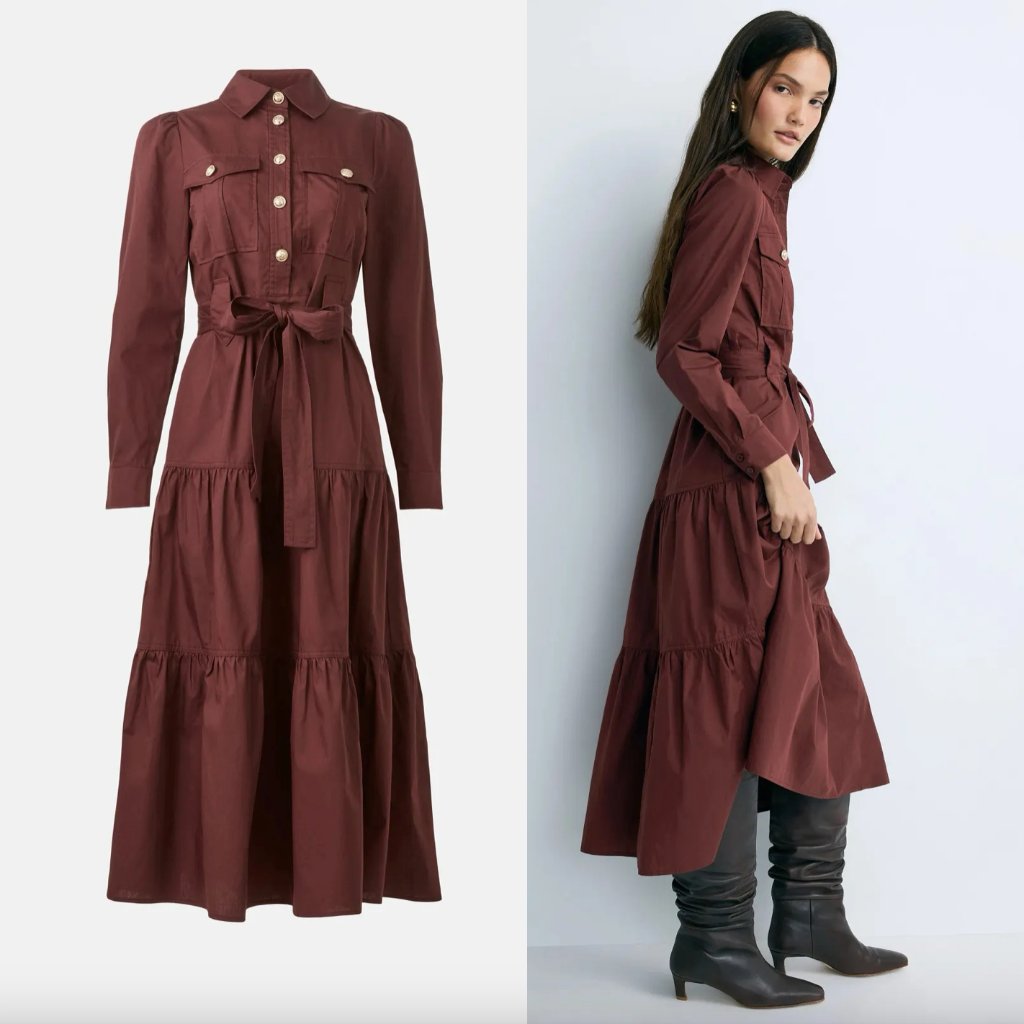 Derek Lam 10 Crosby X Rtr Tie Waist Shirt Dress Red Poplin Brown Long Sleeve 2
